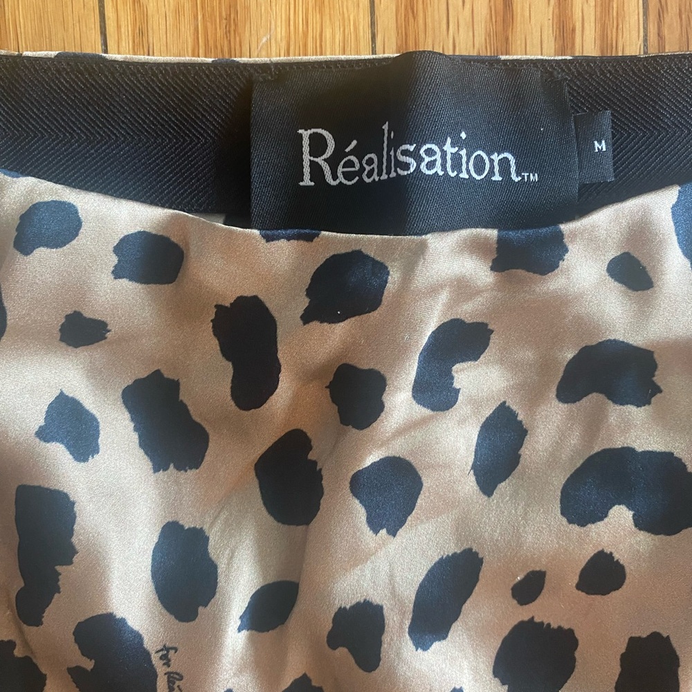 Realisation Par Tan and Black Leopard Print Spotted Satiny Midi Skirt